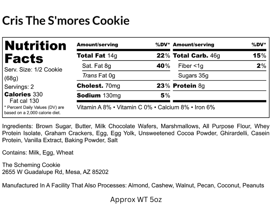 Smores-inspired cookie creation called Cris the SMores by The Scheming Cookie, featuring marshmallow, chocolate, and graham cracker elements.