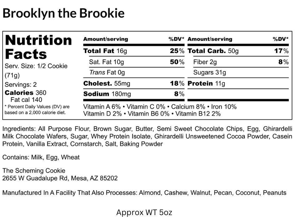 Nutrition label for Brooklyn The Brookie by The Scheming Cookie, showing 22g protein, calories, and ingredients.