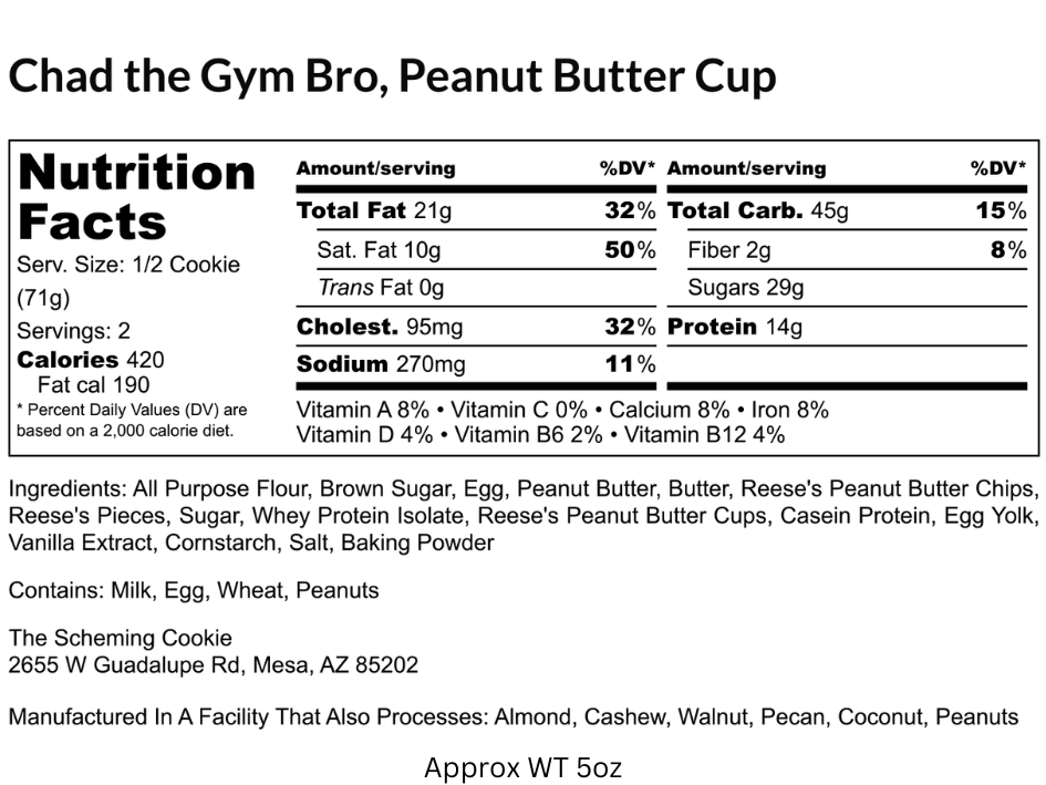 Nutrition label for Chad, the Peanut Butter Cookie by The Scheming Cookie, showing 28g protein per 28g serving.