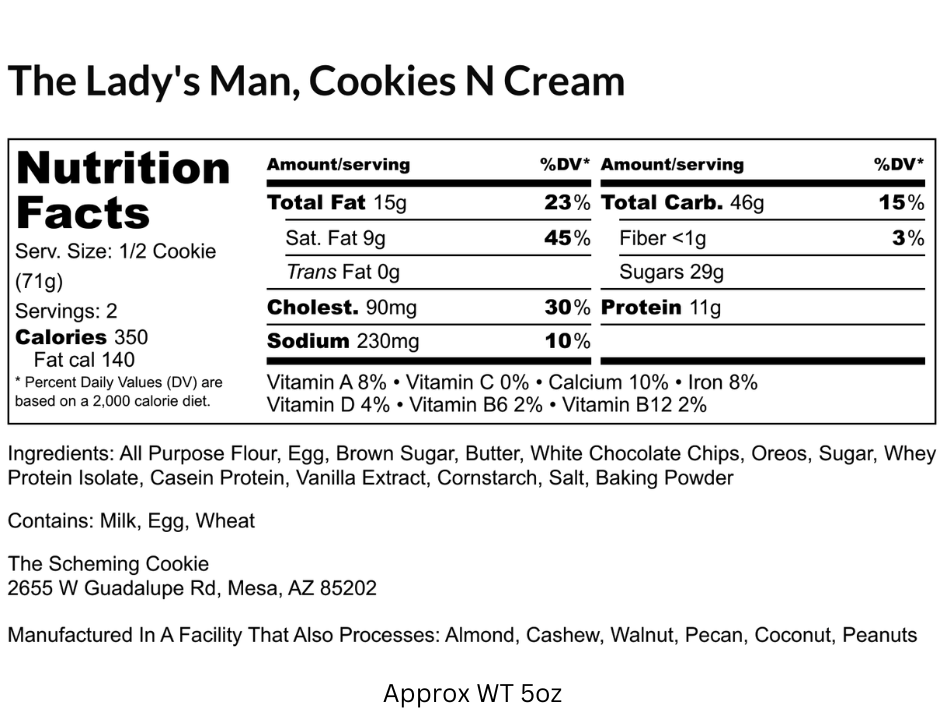 Nutrition label for Ladies Man Cookies n' Cream protein bar by The Scheming Cookie, showing ingredients and nutritional information.