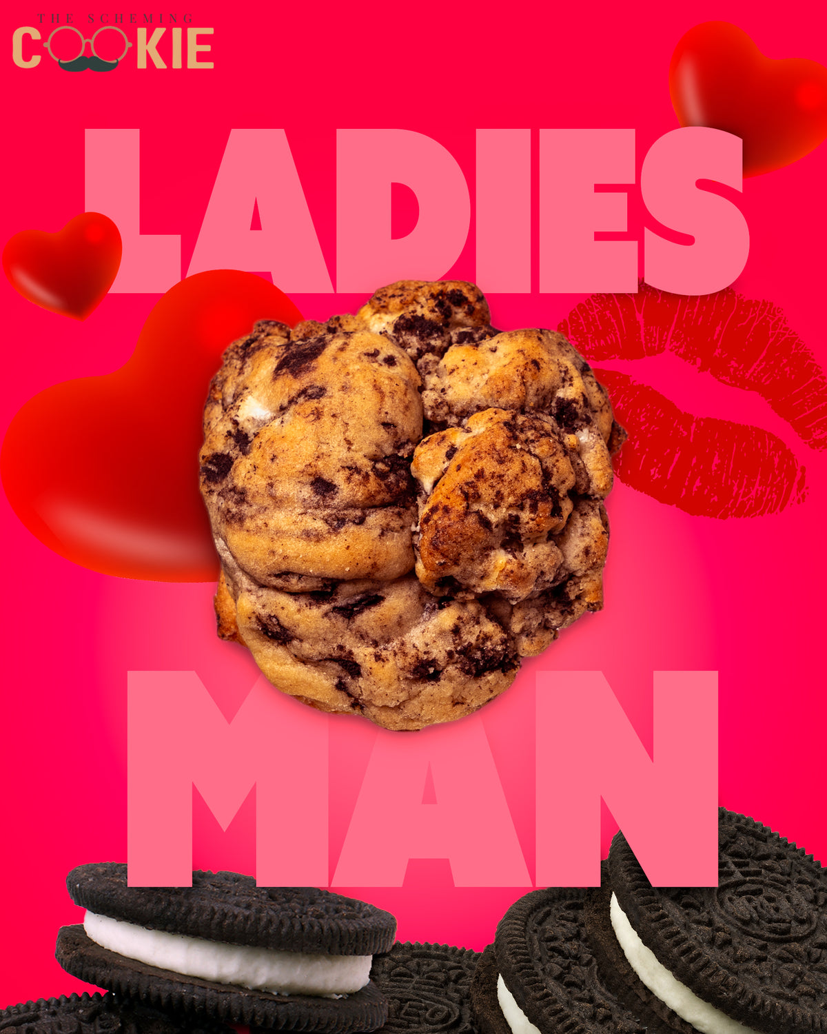 Ladies Man Cookies n' Cream protein bar by The Scheming Cookie, showing its chocolate and cookie crumb exterior.
