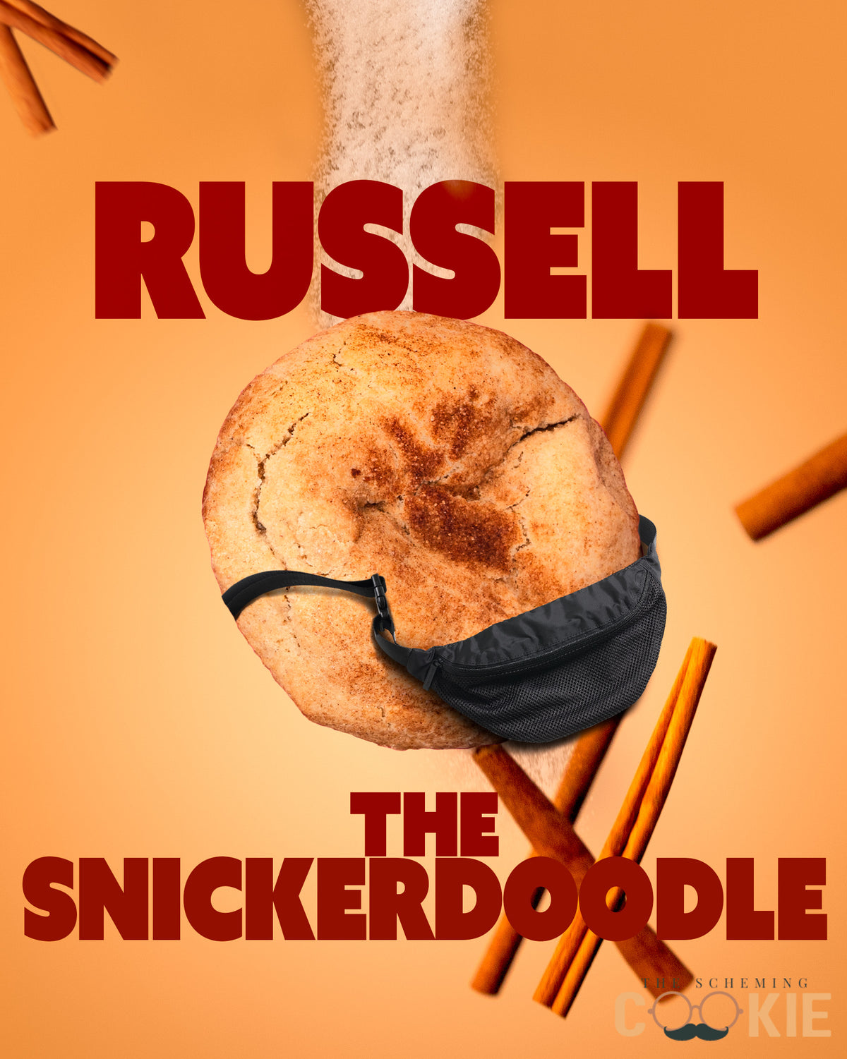 Russell, the Snickerdoodle cookie by The Scheming Cookie, showing a close-up of the 22g protein cookie with cinnamon sugar topping.