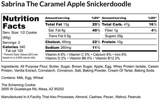 Nutrition label for Sabrina Caramel Apple Snickerdoodle from The Scheming Cookie Fall Bulk Bundle.