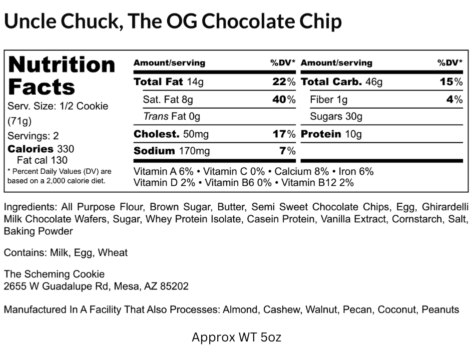 Nutrition label for Uncle Chuck, The Chocolate Chip protein cookie by The Scheming Cookie, showing 20g protein per serving.